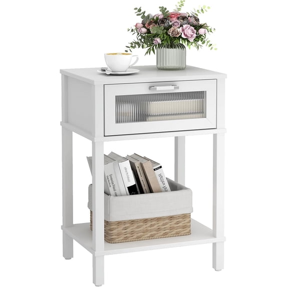 Nightstand Wooden Bedside Table with Drawer White Night Stands Modern Style Small End Table Side Table with Storage Shelf for Bedroom Living Room
