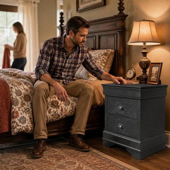 Nightstand, crocodile metallic grey shaker style, with crystal embellished hardware and tapered legs