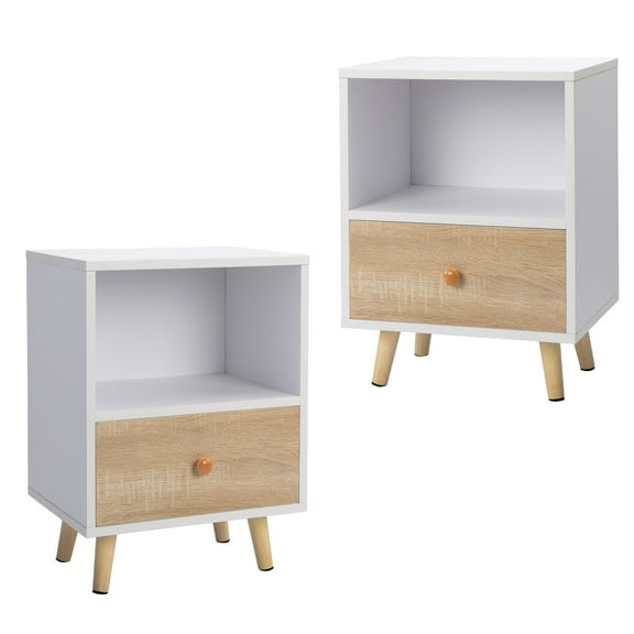 Nightstand for Bedroom 2 of Bedside Cupboard with 1 Drawer and Short Legs, End Table with Storing Shelf, Indoors, White,Wooden Nightstand