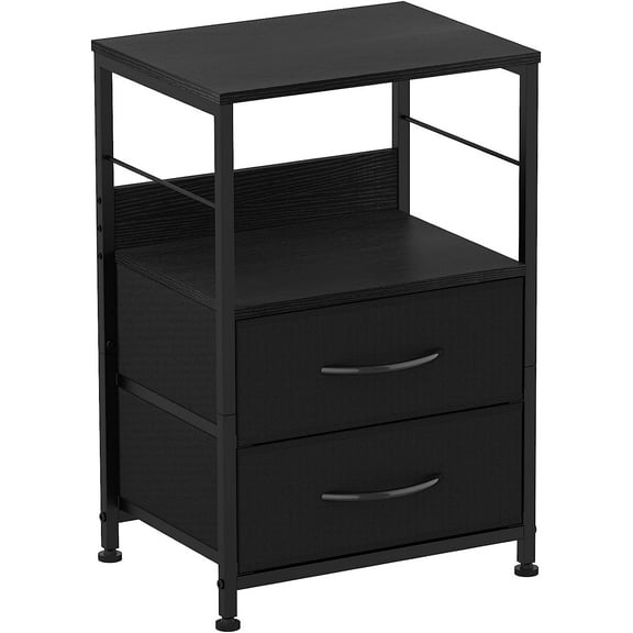 Nightstand for Bedroom End Side Table with 2 Drawers and Open Shelf Wood, Black