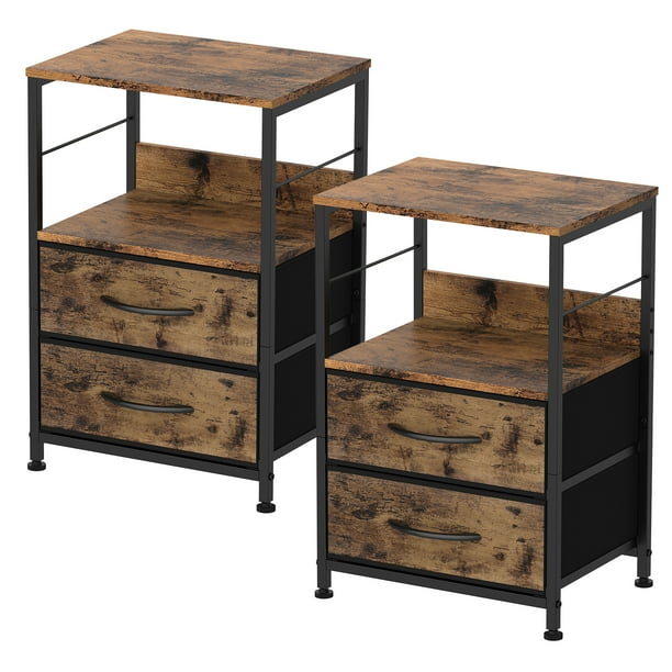 Nightstand for Bedroom End Side Table with 2 Drawers and Open Shelf Wood, Brown Set of 2