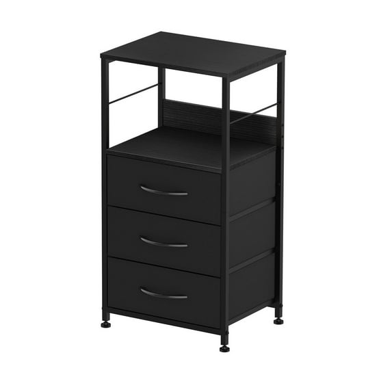 Nightstand for Bedroom End Side Table with 3 Drawers and Open Shelf Wood, Black