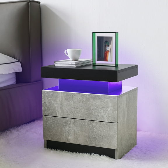 Nightstand for Bedroom Nightstand LED Bedside Table Cabinet Lights Modern End Side with 2 Drawers for Bedroom (Black+Gray),Wooden Nightstand