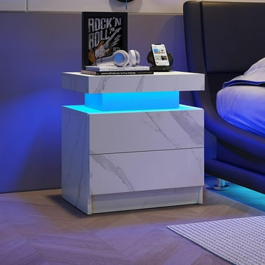 Nightstand for Bedroom Nightstand LED Bedside Table Cabinet Lights Modern End Side with 2 Drawers for Bedroom (White Stone),Wooden Nightstand