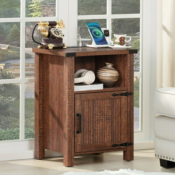 Nightstand for Bedroom with Charging Station, Farmhouse End Tables for Living Room with Shelf & Barn Door, Walnut