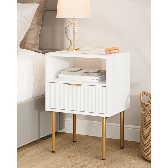 Nightstand, mid-century modern nightstand with storage drawers and open wooden shelves, white