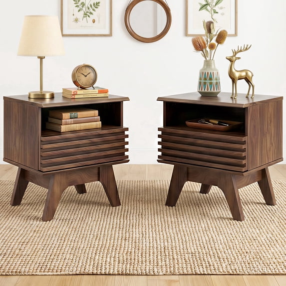 Nightstands Set of 2, Fluted Night Stand with Drawer, Mid Century End Table for Bedroom, Bedside Table with Open Shelf, Dark Walnut