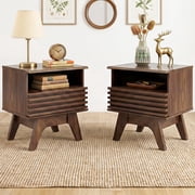 Nightstands Set of 2, Fluted Night Stand with Drawer, Mid Century End Table for Bedroom, Bedside Table with Open Shelf, Dark Walnut