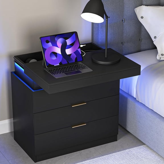 Nightstand w/Charger Station & LED Lights, 3-Drawer Bedside Table w/Sliding Top, Modern End Table for Bedroom, Living Room (Black)