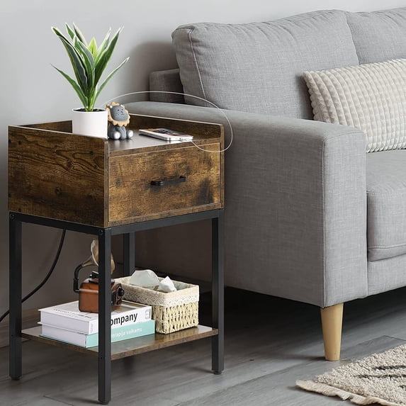 Nightstand w/Charging Station&USB Ports Bedroom End Table w/Storage Drawer Shelf