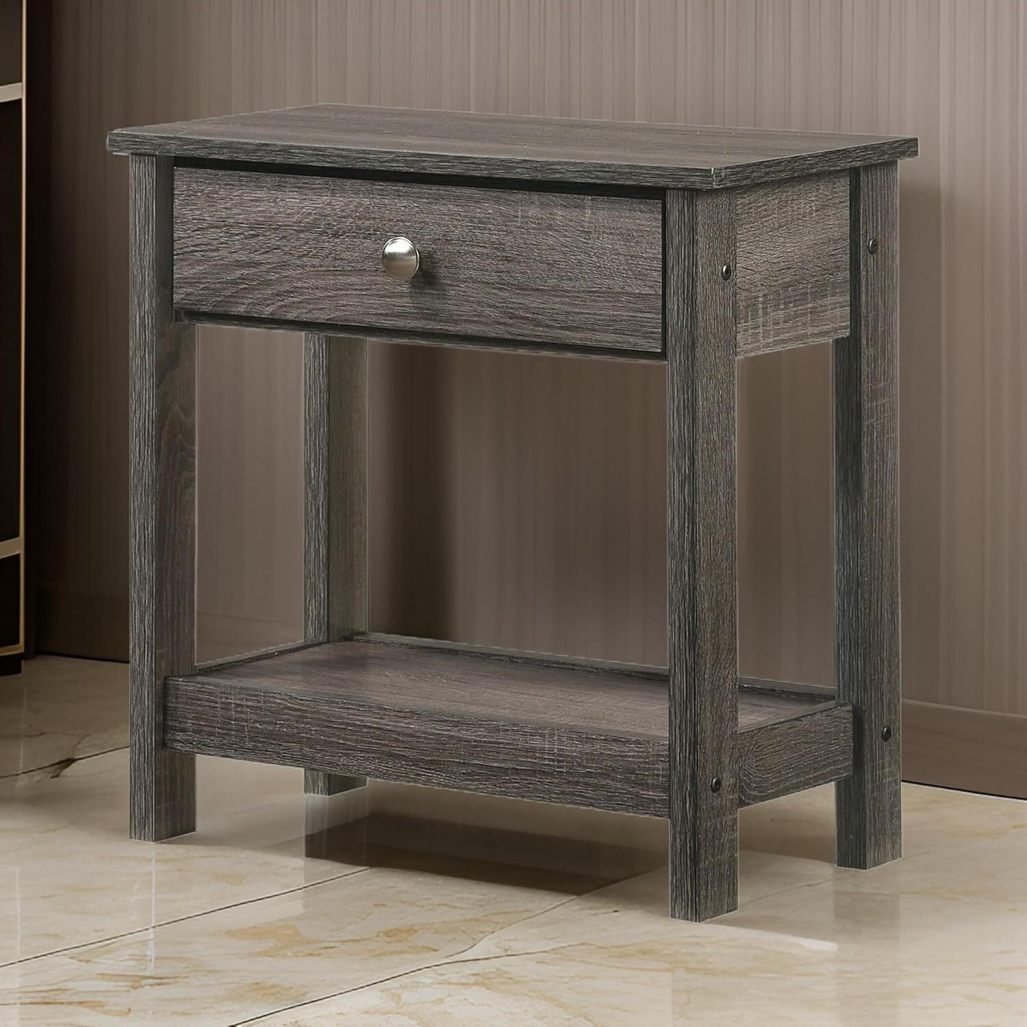 Gray Wooden Nightstand with Drawer and Open Shelf
