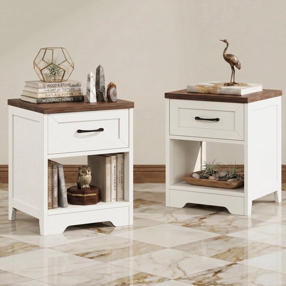 Nightstands Set of 2, Farmhouse Bedside Tables with Drawer and Open Shelf, Night Stands for Bedroom, End Tables, Side Tables, Dark Walnut & White