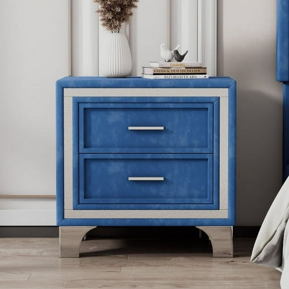 Nightstand with 2-Drawer, Mid-Century Bedside Table with Metal Legs, Velvet Bedside Table for Living Room, Bedroom, Blue