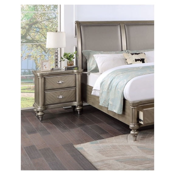Nightstand with 2 Drawers, Antique Silver/Champagne Bedside Table - Bedroom Furniture, Classic Luxury Design, Round Leg Support, Pine & Plywood