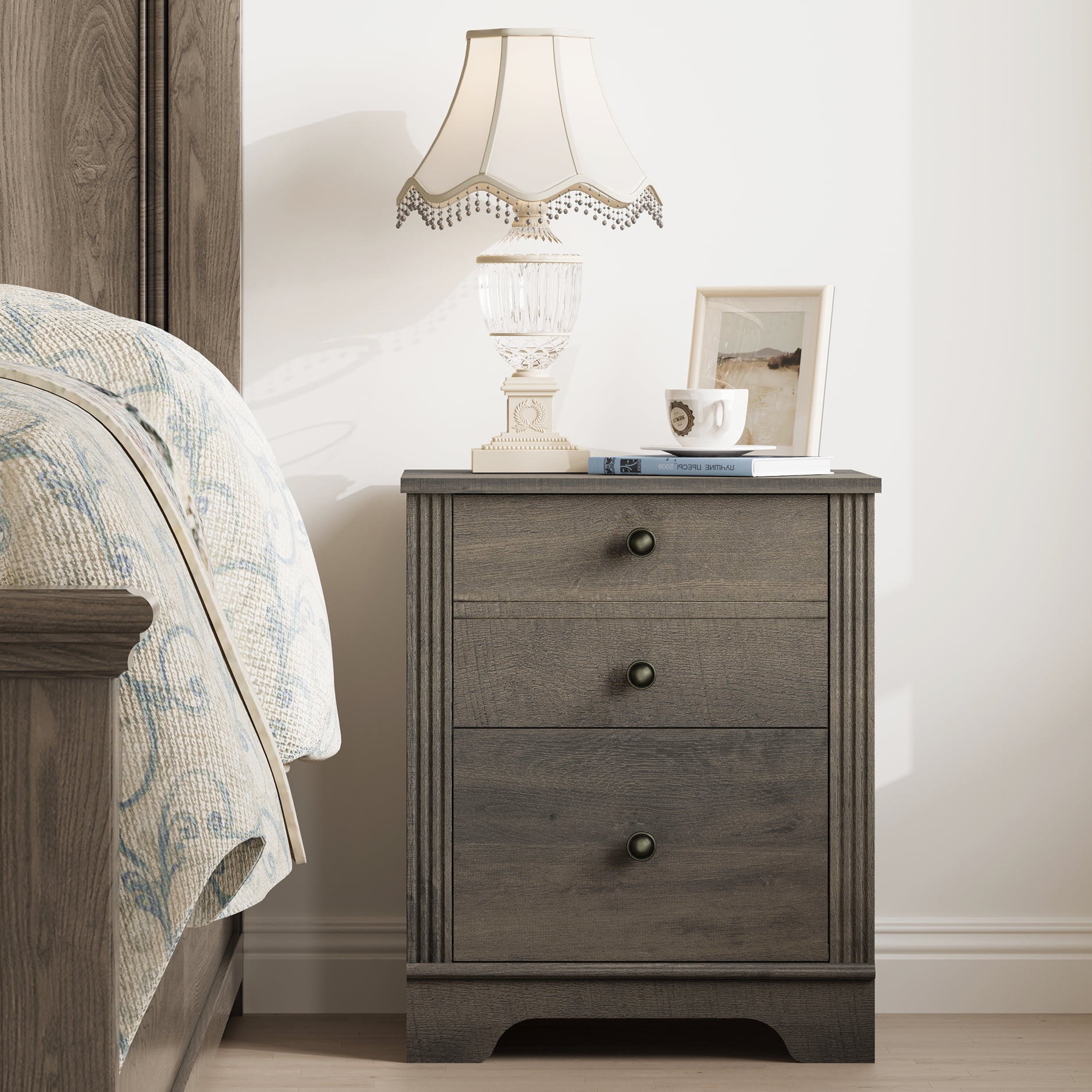 FITUEYES Nightstand 2 Drawers Grayish Brown Bedroom Table 15.5x18.8x23 inch