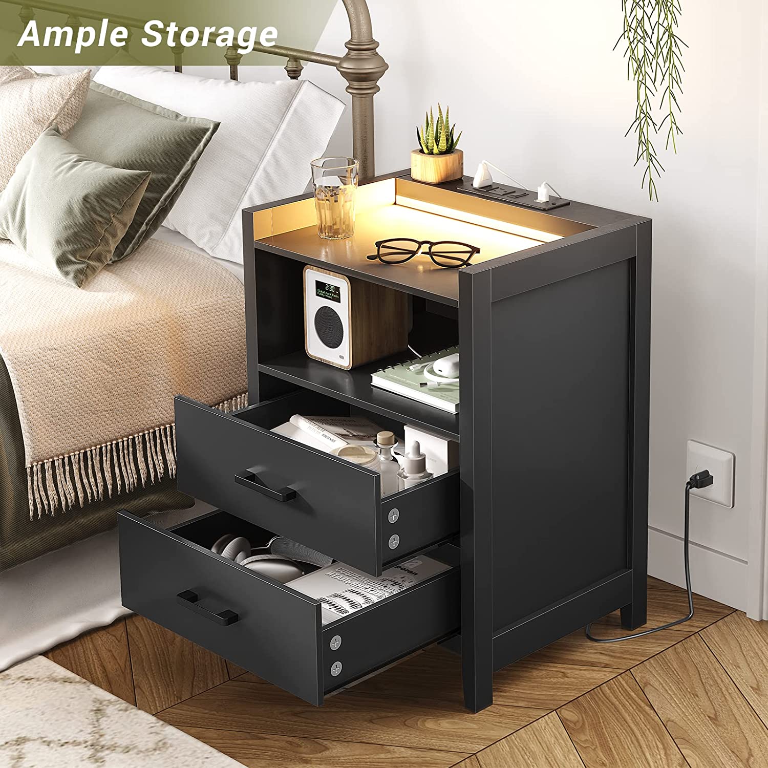 Cubehom LED Nightstand, End Side Table with 2 Drawers and LED Lights