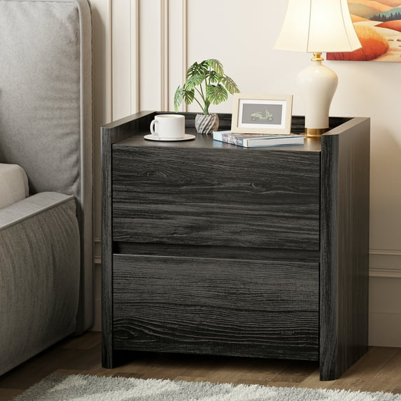 Nightstand with 2 Drawers, Modern End Table for Bedroom, Bedside Table with Cut-Out Handle, Large Night Stand for Home Office, Dark Grey
