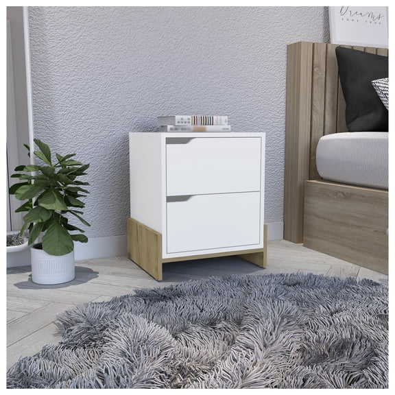 Nightstand with 2 Drawers, White Macadamia - End Table with Storage, Bedroom Furniture, RTA Assembly, Classic Design