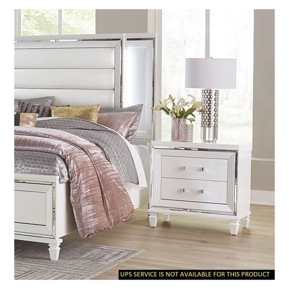 Nightstand with 2 Drawers - White Silver Bedroom Furniture - Acrylic Pulls - Glamorous Style - 30"H - Modern Home Decor
