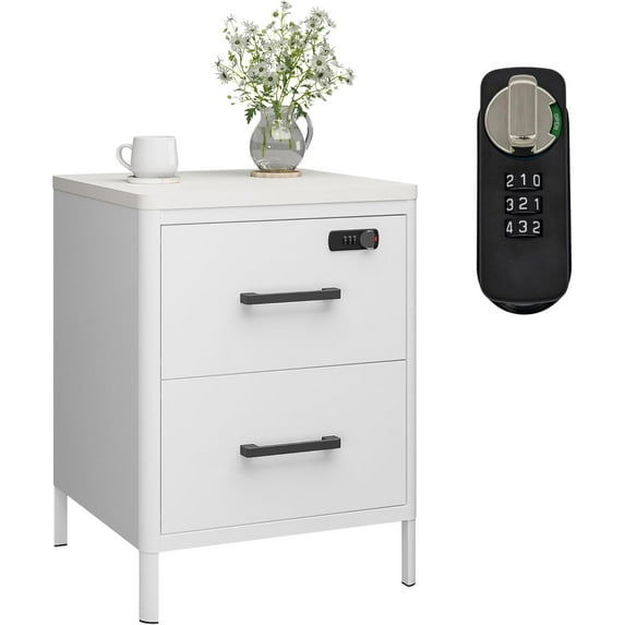 Nightstand with 2 Drawers and Digital Lock, Metal Side Table with Wooden top for Bedroom, Living Room and Dorm 15.75 x 15.67 x 21.26 Inches