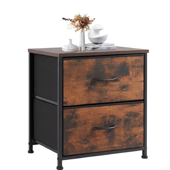 Nightstand with 2 Fabric Drawers, Small Dresser End Table for Bedroom, Closet, Dorm, Bedside Storage Organizer, Rustic Brown