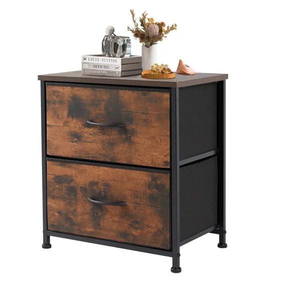 Nightstand with 2 Fabric Dresser, Side Table, End Table, Bedside Table, Night Stands, Small Nightstand,Bedroom Furniture