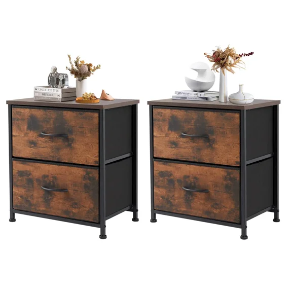 Nightstand with 2 Fabric Dresser, Side Table, End Table, Bedside Table, Night Stands, Small Nightstand,Bedroom Furniture