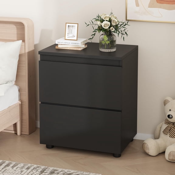Nightstand with 2 Storage Drawers, Wooden Side Table Bedside End Table for Bedroom, Black