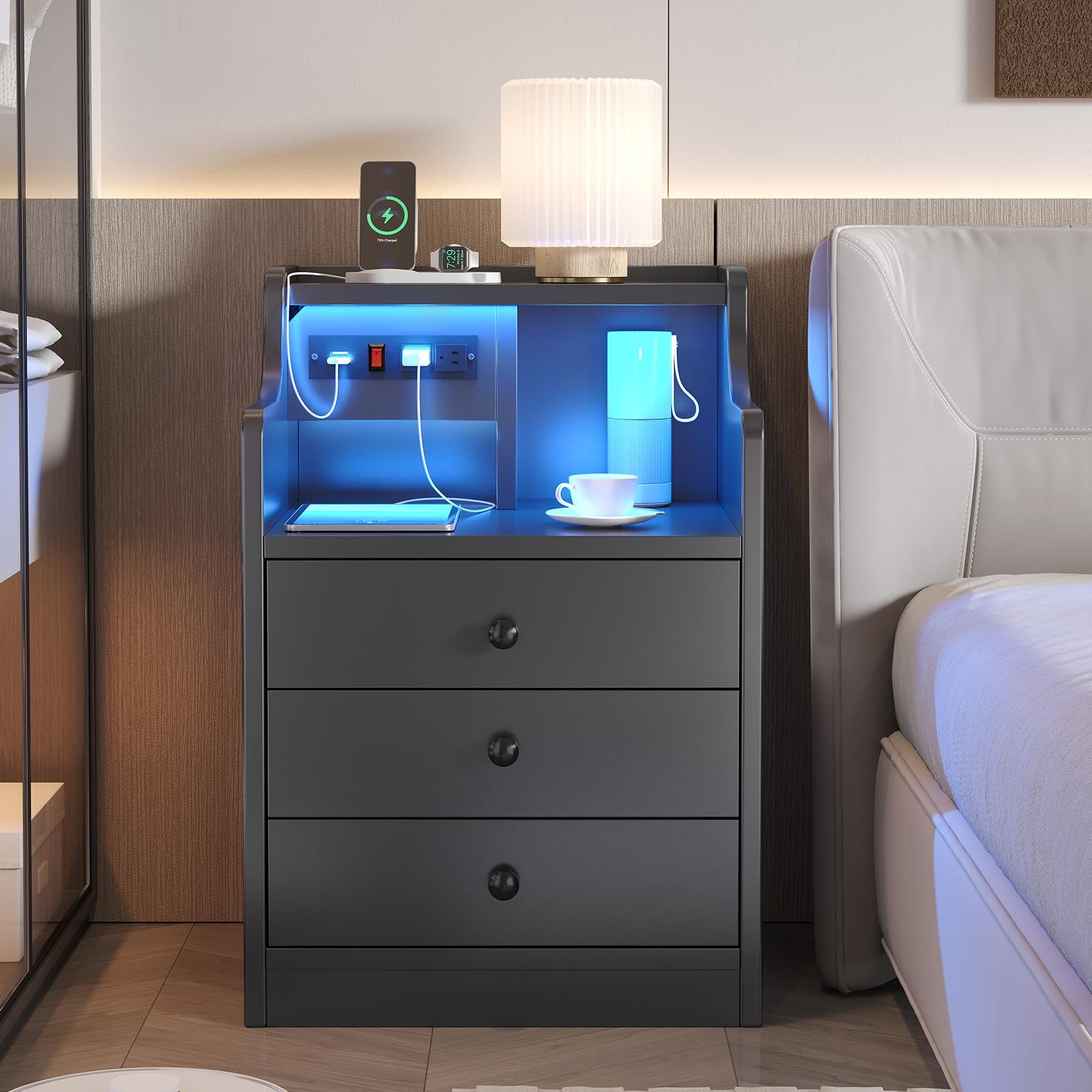 Nightstand with 3 Drawers and Hutch,Night Stand with LED Lights and USB