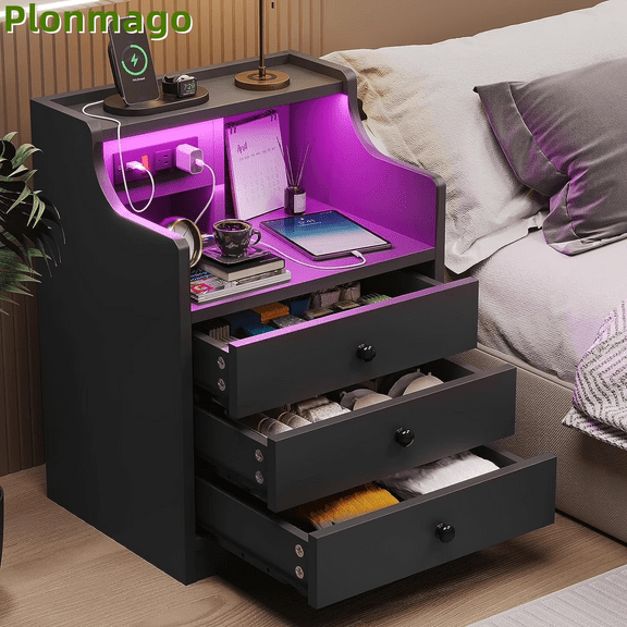 Plonmago Nightstand with 3 Drawers and Shelves,Night Stand with LED Lights and USB Port Charging Station,LED Bedside Table with Hutch,Black