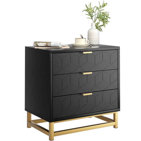Nightstand with 3 Storage Drawer, Modern Bedside Table with Golden Base & Handle