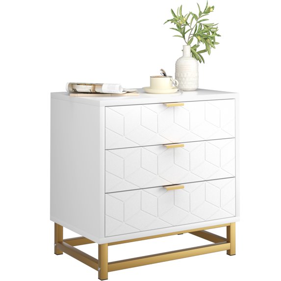 Nightstand with 3 Storage Drawer, Modern Bedside Table with Golden Base & Handle