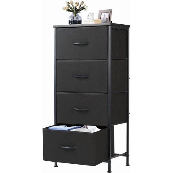Nightstand with 4 Drawers Bedside Table with Removable Fabric Bins Sturdy Steel Frame Wood Top Organizer Furniture for Bedroom Closet Living Room