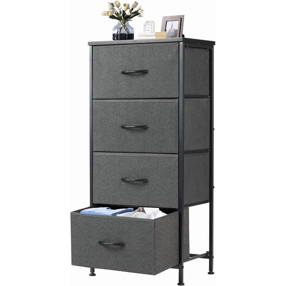Nightstand with 4 Drawers Bedside Table with Removable Fabric Bins Sturdy Steel Frame Wood Top Organizer Furniture for Bedroom Closet Living Room