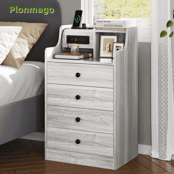 Plonmago Nightstand with 4 Storage Drawers /Hutch /Charging Station,Grey Night Stand with Power Outlets,Bedside Table End Table with Hutch,for Bedroom