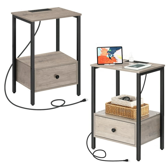Nightstand with Bottom Wooden Drawer - Triple USB Outlet - Light Oak (Set of 2)