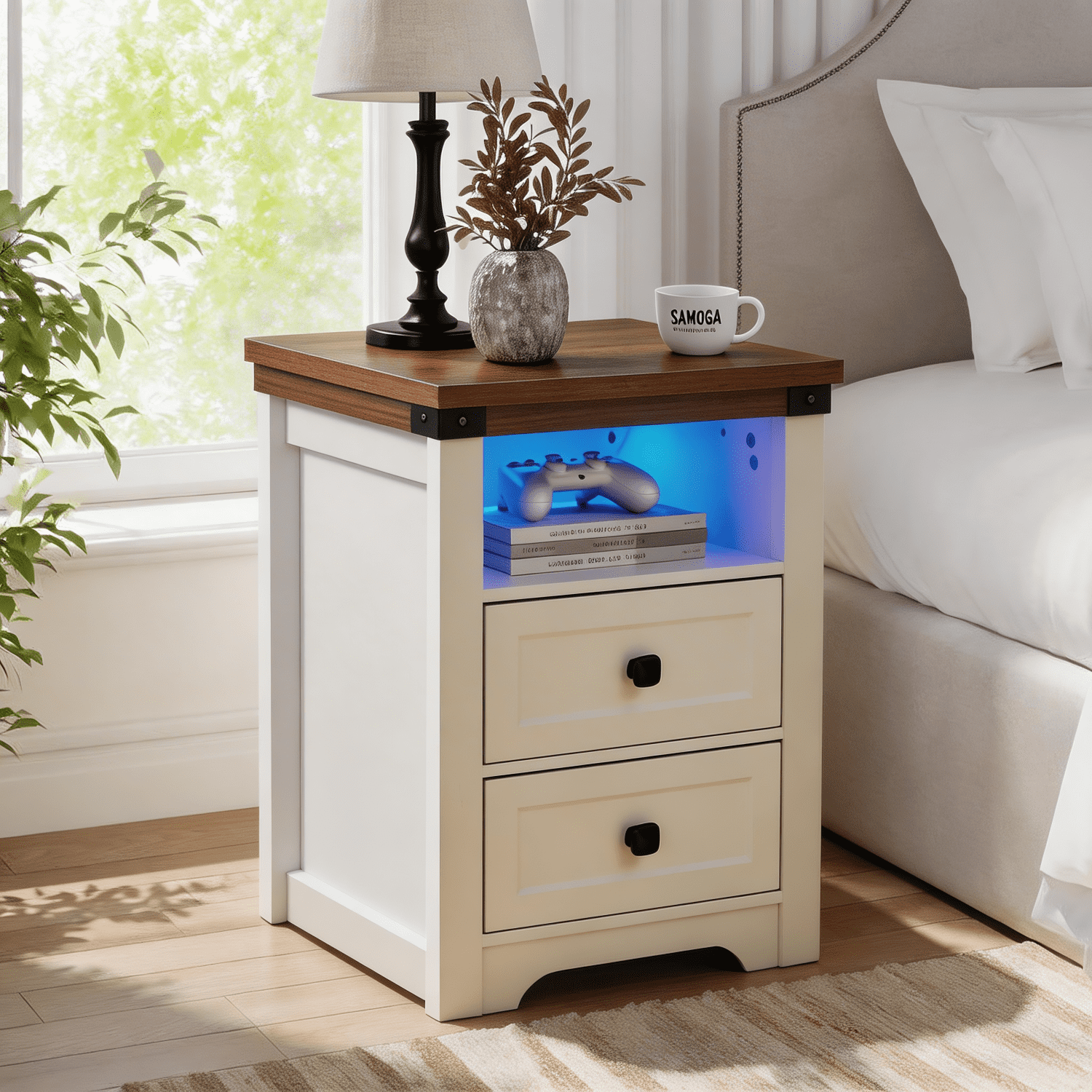 Nightstand with Built-In Charging Station and LED Lighting, 3-Drawer Sliding-Top Modern Bedside Table, Black Wooden End Table
