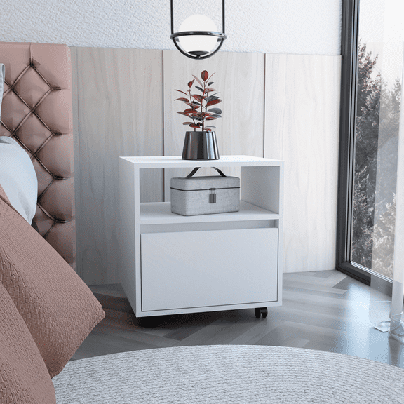 Nightstand with Casters, White Side Table with Single Drawer, Compact End Table for Bedroom, Movable Rolling Table with Easy Assembly