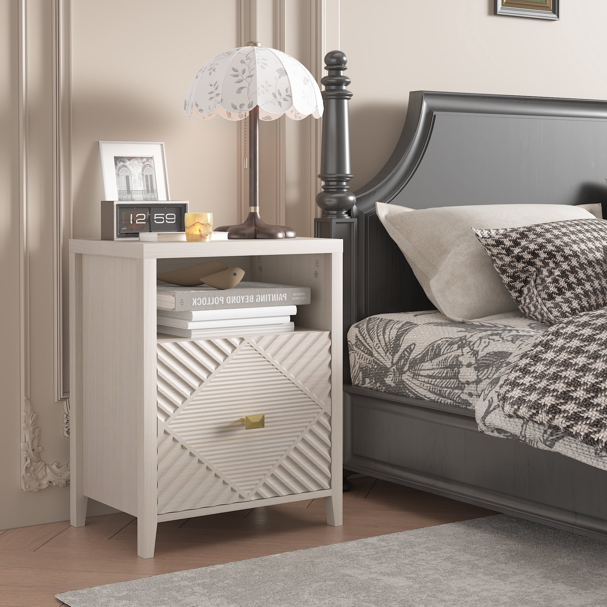 Nightstand with Charger Station and USB Port,19 Inch Modern Night Stand with Storage Shelf, Bedside Tables for Bedroom, Home, Living Room,Beige