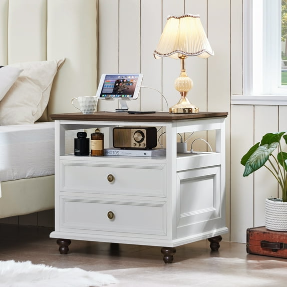 Nightstand with Charging Station, 1 Shelf & 2 Drawers End Table with USB Charging Ports, Bedside Table for Bedroom, Living Room, White