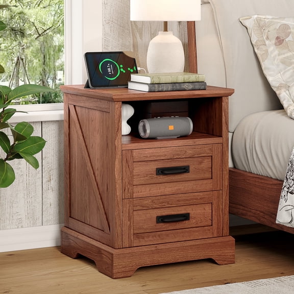 Nightstand with Charging Station, 18'' Farmhouse Bedroom Side Table, Modern End Table, Brown
