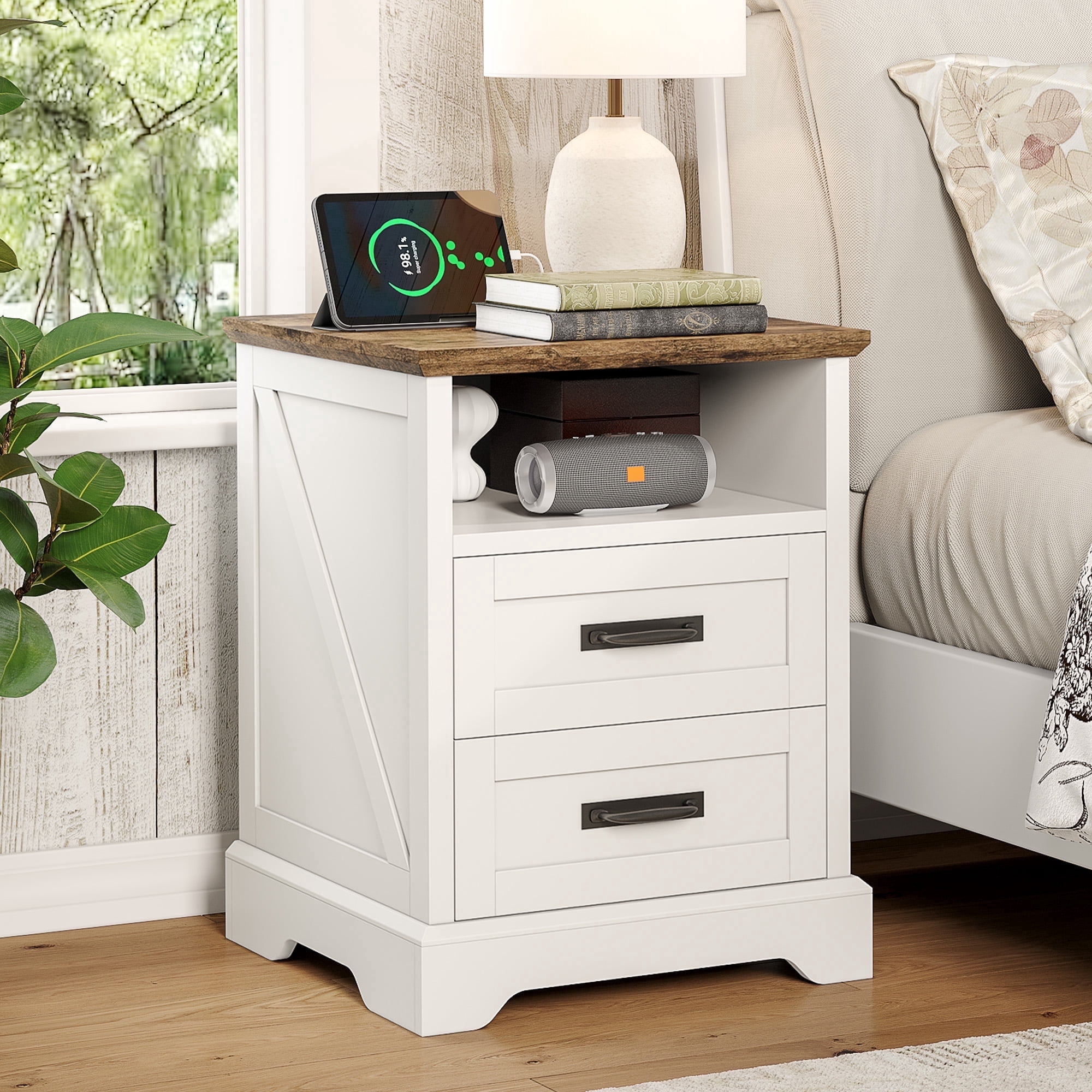 Nightstand with Charging Station, 18'' Farmhouse Bedroom Side Table, Modern End Table, White
