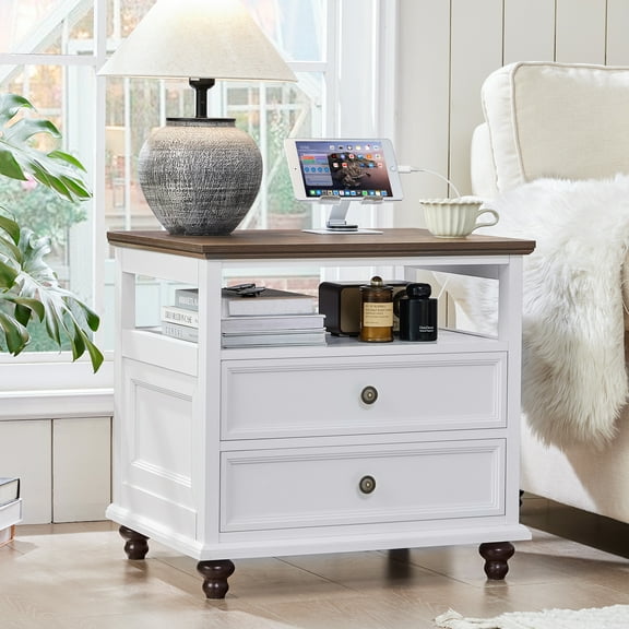 Nightstand with Charging Station, 2 Drawer Dresser for Bedroom with 2 Drawers & Shelf, Bedside Table End Table Side Table for Living Room, White