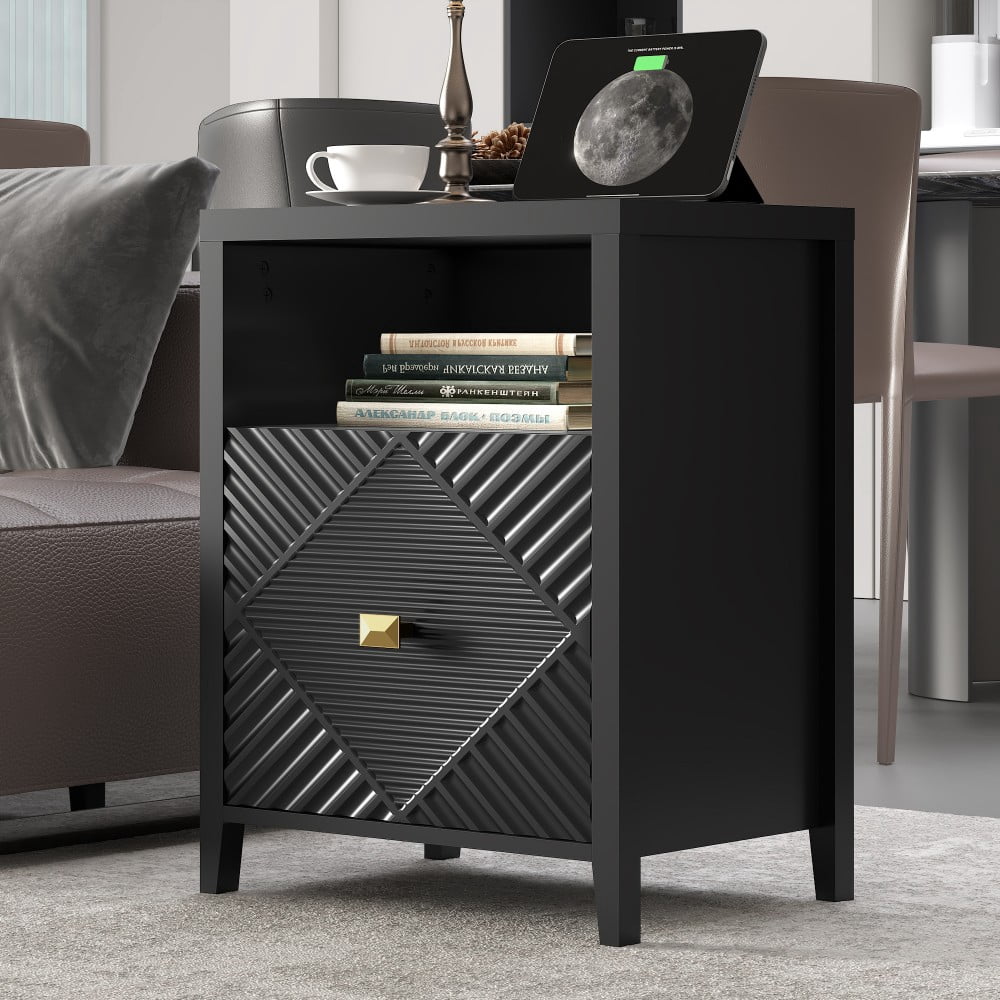 Nightstand with Charging Station, 2 USB Ports & 2 AC Outlets, 19" Modern Bedside Table with Storage Shelf and Cabinet, Black
