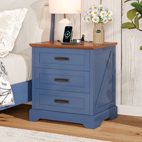 Nightstand with Charging Station, 22-inch Farmhouse Bedroom Side Table, Living Room End Table, Blue
