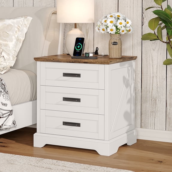 Nightstand with Charging Station, 22-inch Farmhouse Bedroom Side Table, Living Room End Table, White