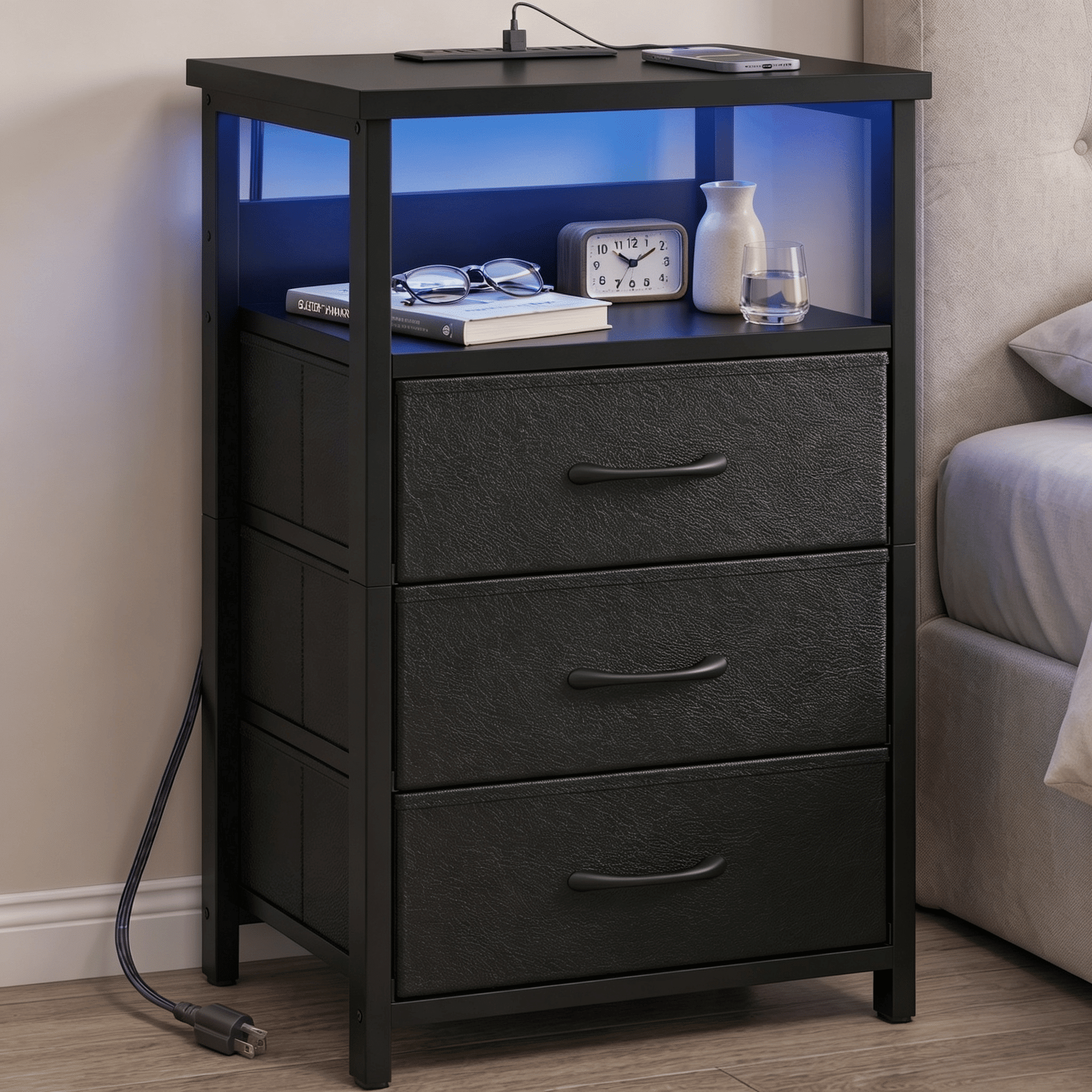Nightstand with Charging Station, 3 Fabric Drawers, LED Light and Open Shelf, Iron Frame Bedside End Table for Bedroom