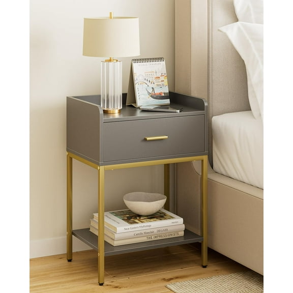 Nightstand with Charging Station,3-Tier Modern Bedside Table Night Stand with Storage Drawer and Shelf,Small End Side Table for