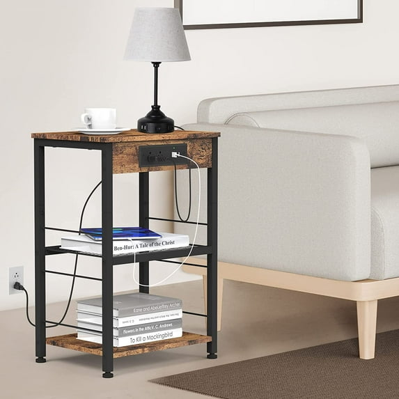 Nightstand with Charging Station Bedroom Side Table End Table Heavy Duty