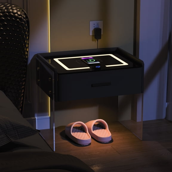 Nightstand with Charging Station Bedside Table LED Smart Bedside Table Nightstand Dark grey